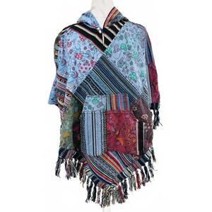 Bohemian Patchwork Poncho Mushroom Motif & Fringe Hooded by Kathmandu -OS